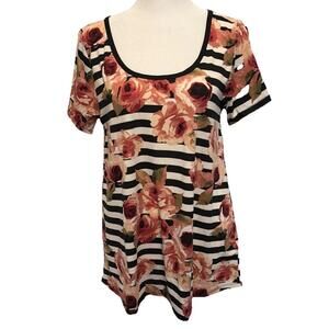 NWT LuLaRoe Classic T Roses On Black And White Striped Leggings Size S (6-8) SS